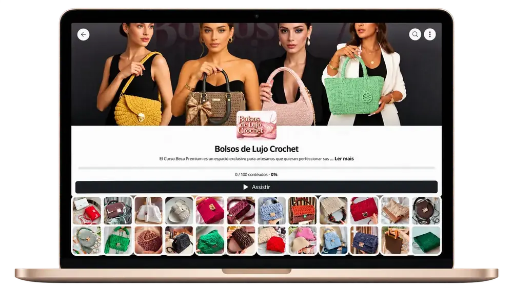 Curso de bolsos de lujo en crochet visto en laptop